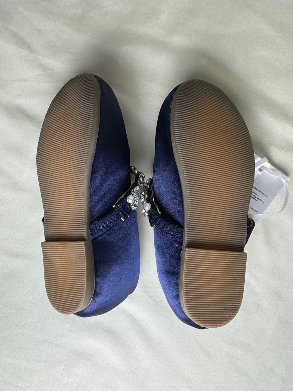 Girls' Navy Satin Mary Jane Dress Shoes with Pearl & Rhinestone Strap